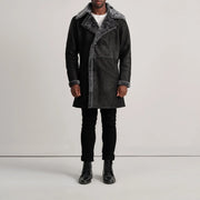 
Charles Brown Suede Leather Shearling Double-Breasted Coat - Lateral Side Profile View Showing Sleeve Cut & Athletic Taper Fit