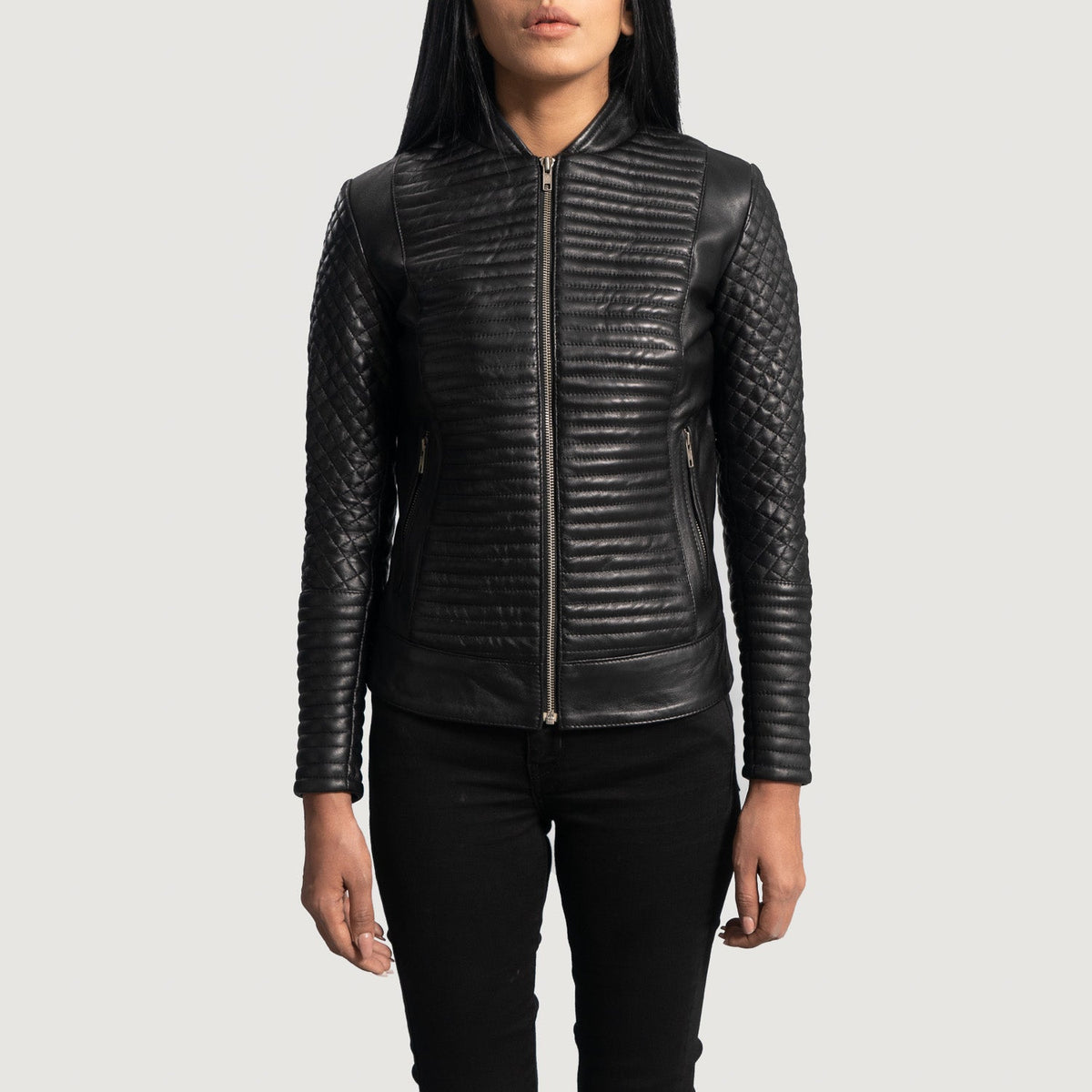Women's Cityscape Black Leather Biker Jacket in Black Sheepskin Leather - Front Profile View & Tailored Silhouette | Buy Online