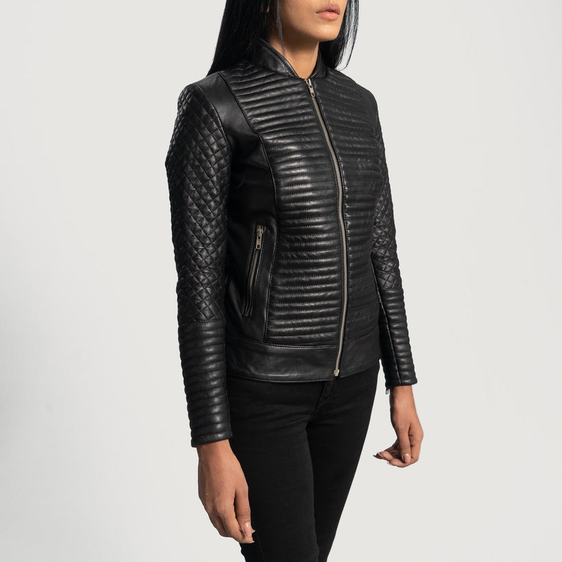 Black Sheepskin Leather Biker Jacket - Back View Showing Tailored Shoulder Fit & Clean Hemline