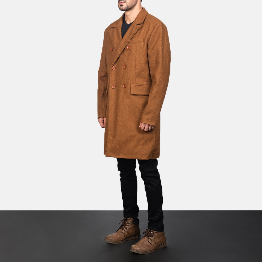Khaki Synthetic Wool Trench Coat - Back View Showing Tailored Shoulder Fit &amp; Clean Hemline