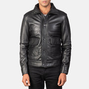 Norman Black Hooded Bomber Leather Puffer Jacket in Blue Sheepskin Leather - Front Profile View &amp; Tailored Silhouette | Buy Online