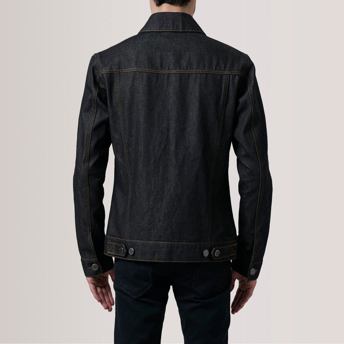 
Close-Up Detail of Classic Collar & Heavy-Duty Zipper Hardware on Conard Faded Black Denim Trucker Jacket For Men