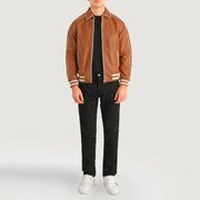 Cooper Tan Brown Leather Varsity Jacket - Lateral Side Profile View Showing Sleeve Cut &amp; Athletic Taper Fit