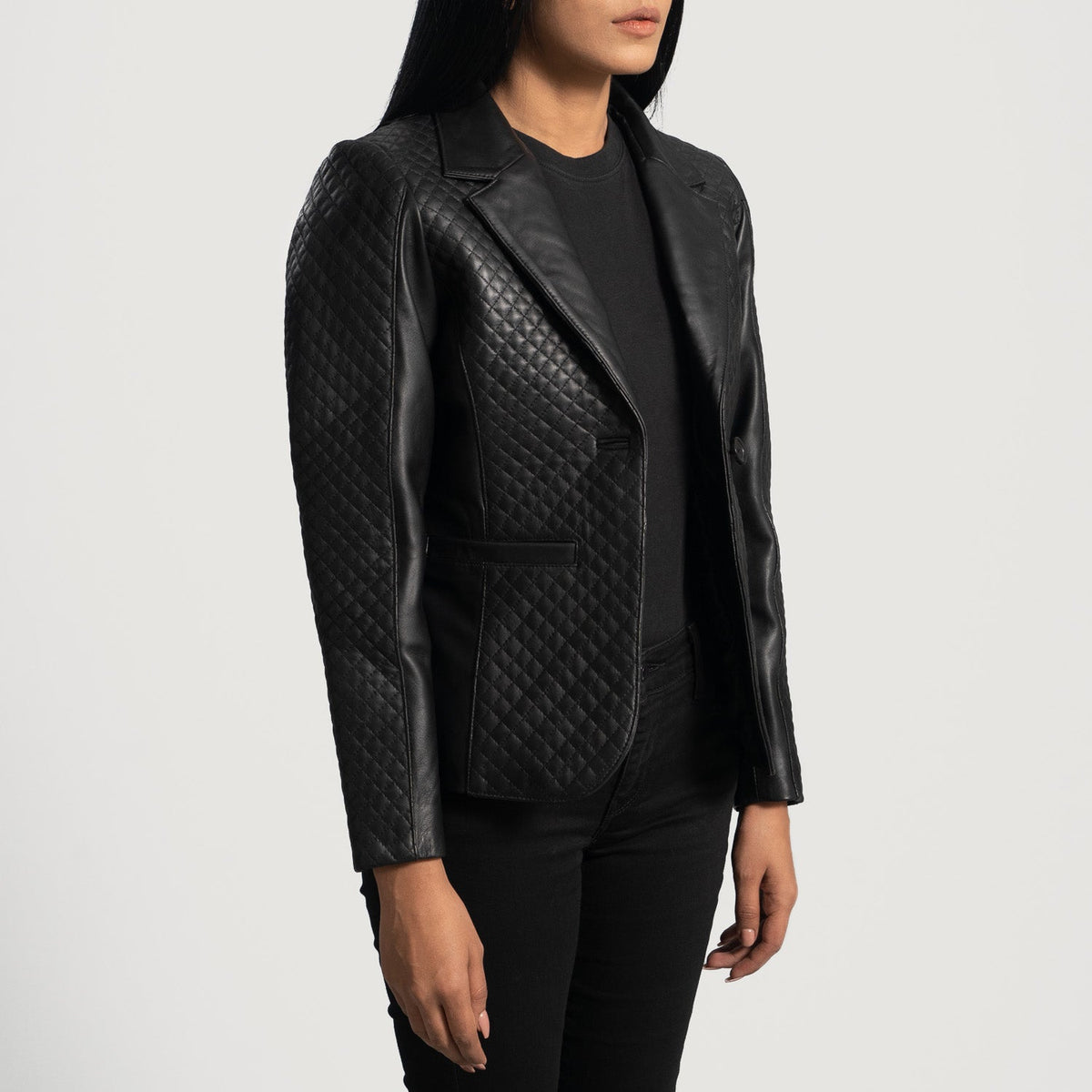 
Women's Cora Quilted Black Leather Blazer - Lateral Side Profile View Showing Sleeve Cut & Athletic Taper Fit
