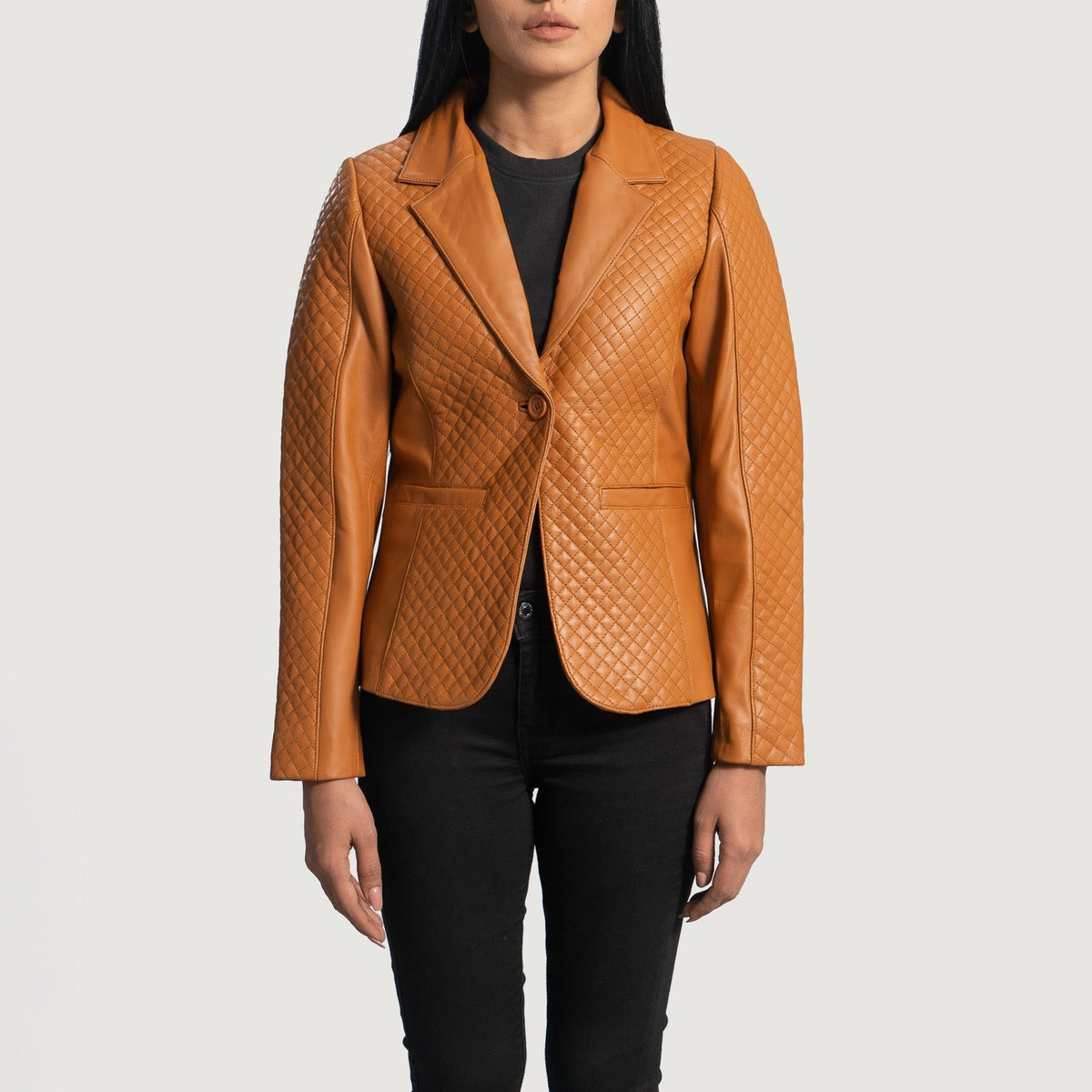 
Women's Cora Quilted Brown Leather Blazer in Brown Sheepskin Leather - Front Profile View & Tailored Silhouette | Buy Online