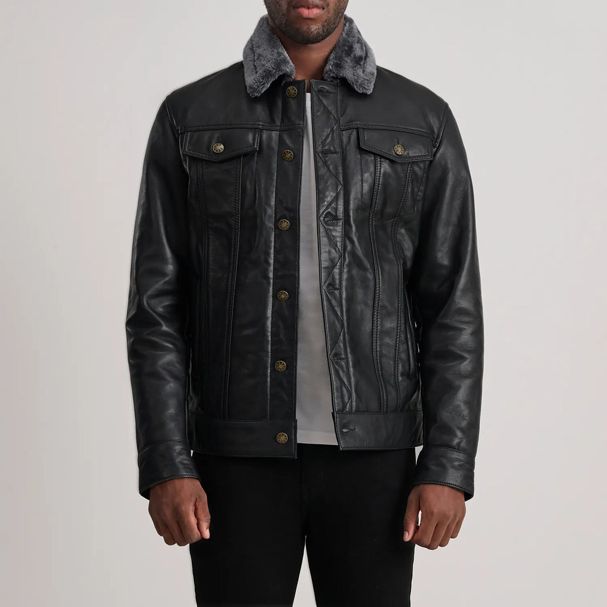
Dallis Black Leather Shearling Trucker Jacket in Black Sheepskin Leather - Front Profile View & Tailored Silhouette | Buy Online