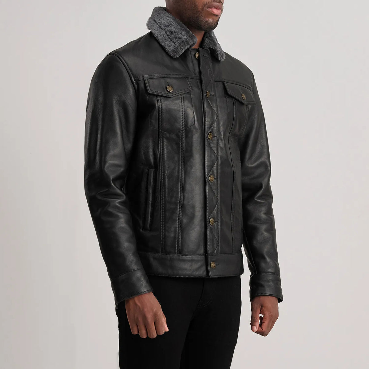 
Black Sheepskin Leather Aviator Jacket - Back View Showing Tailored Shoulder Fit & Clean Hemline