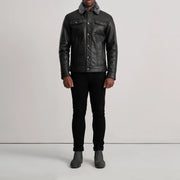 
Dallis Black Leather Shearling Trucker Jacket - Lateral Side Profile View Showing Sleeve Cut & Athletic Taper Fit