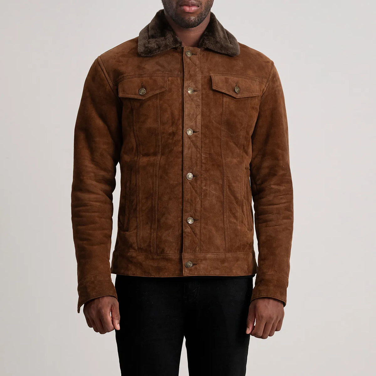 
Close-Up Detail of Classic Collar & Button Hardware on Dallis Brown Suede Shearling Trucker Jacket