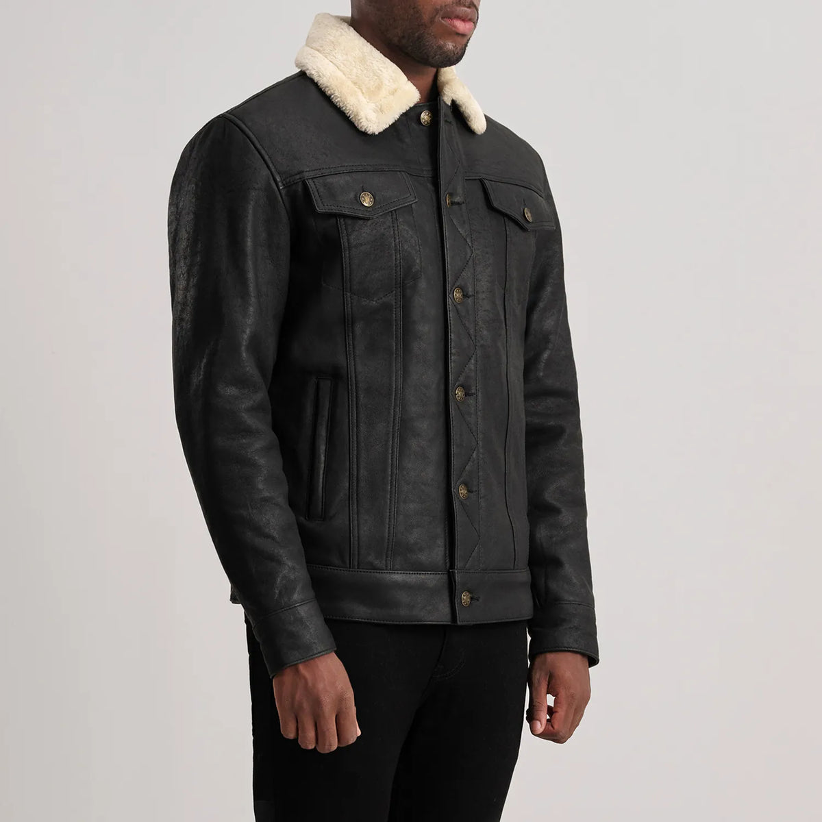 Distressed Black Sheepskin Snuffed Aviator Jacket - Back View Showing Tailored Shoulder Fit &amp; Clean Hemline