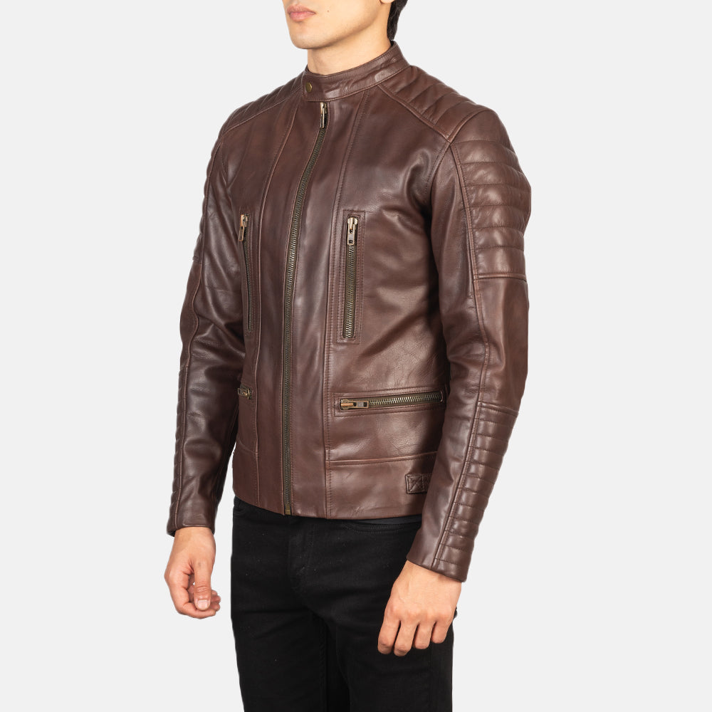 
Styled Fit Perspective of Men's Damian Grey Suede Biker Jacket on Model - Natural Daylight Drape