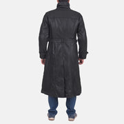 Close-Up Detail of Classic Collar &amp; Button &amp; Waist belt Hardware on Men's Daniel Black Leather Trench Coat