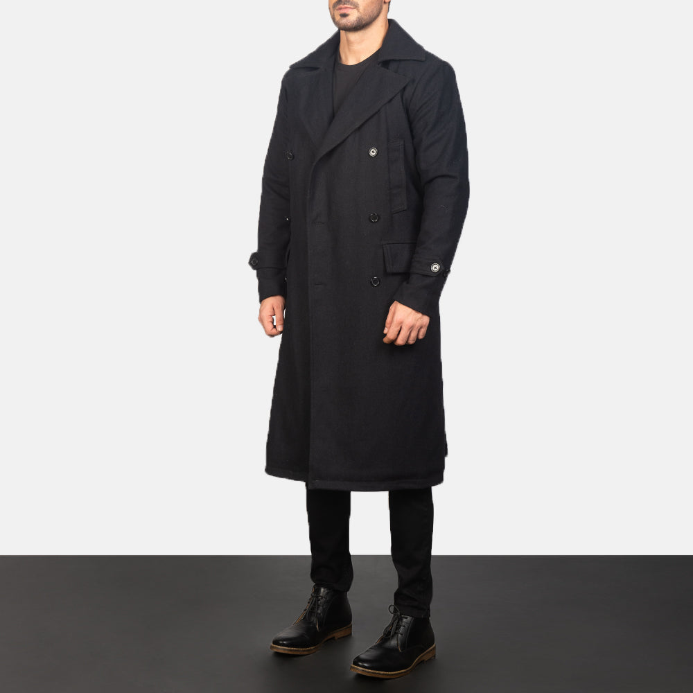 Black Synthetic Wool Trench Coat - Back View Showing Tailored Shoulder Fit &amp; Clean Hemline