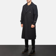 Black Synthetic Wool Trench Coat - Back View Showing Tailored Shoulder Fit &amp; Clean Hemline