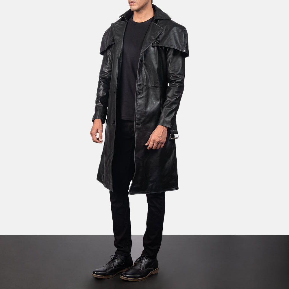 
Men's Deux Black Leather Duster - Lateral Side Profile View Showing Sleeve Cut & Athletic Taper Fit