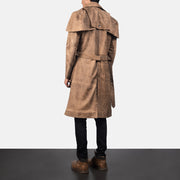 Men's Deux Brown Leather Duster - Lateral Side Profile View Showing Sleeve Cut &amp; Athletic Taper Fit