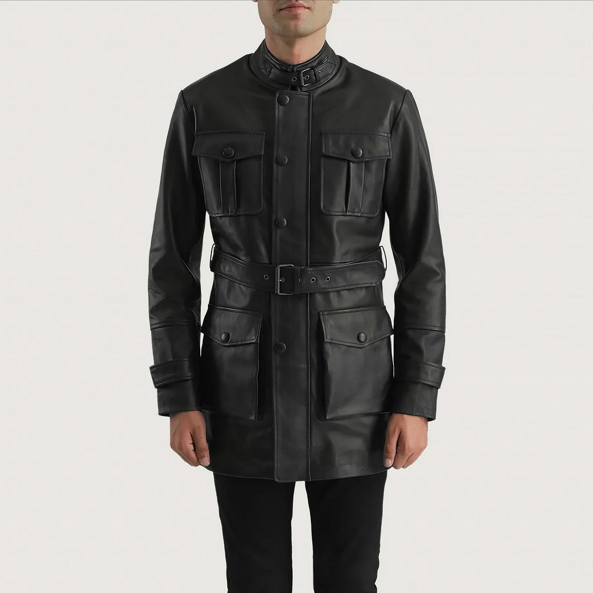 Close-Up Detail of High neck with Belt &amp; Snap button Hardware on Dolf Black Leather Jacket