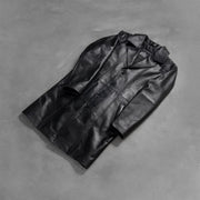 Styled Fit Perspective of Men's Don Long Black Leather Coat on Model - Natural Daylight Drape