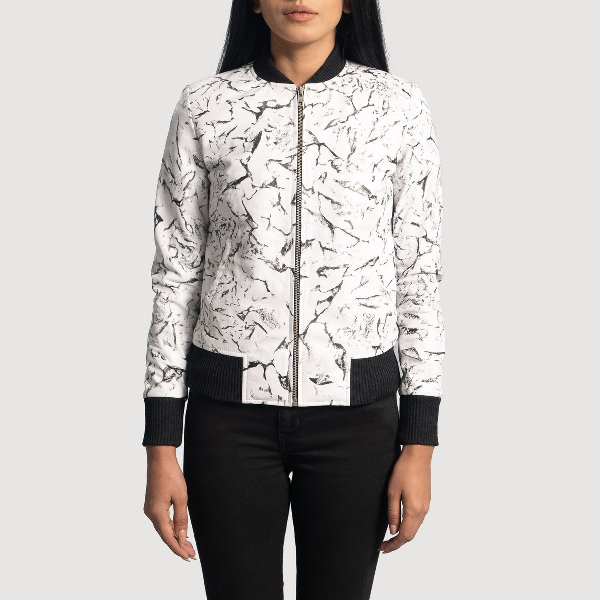 
Women's Donna Blake White Leather Bomber Jacket in White Sheepskin Dip &Amp; Dye - Front Profile View & Tailored Silhouette | Buy Online