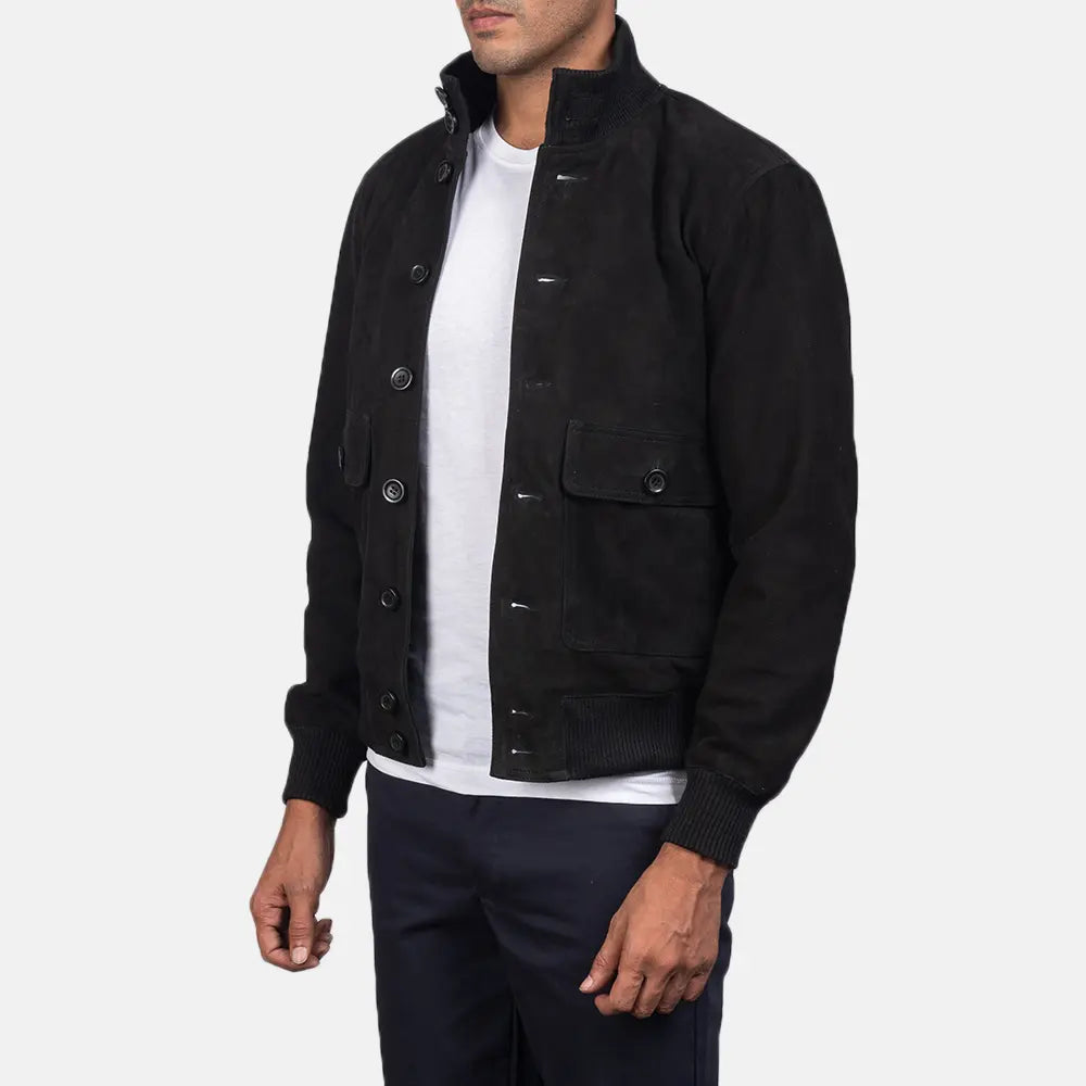 Brown Goatskin Suede Bomber Jacket - Back View Showing Tailored Shoulder Fit &amp; Clean Hemline
