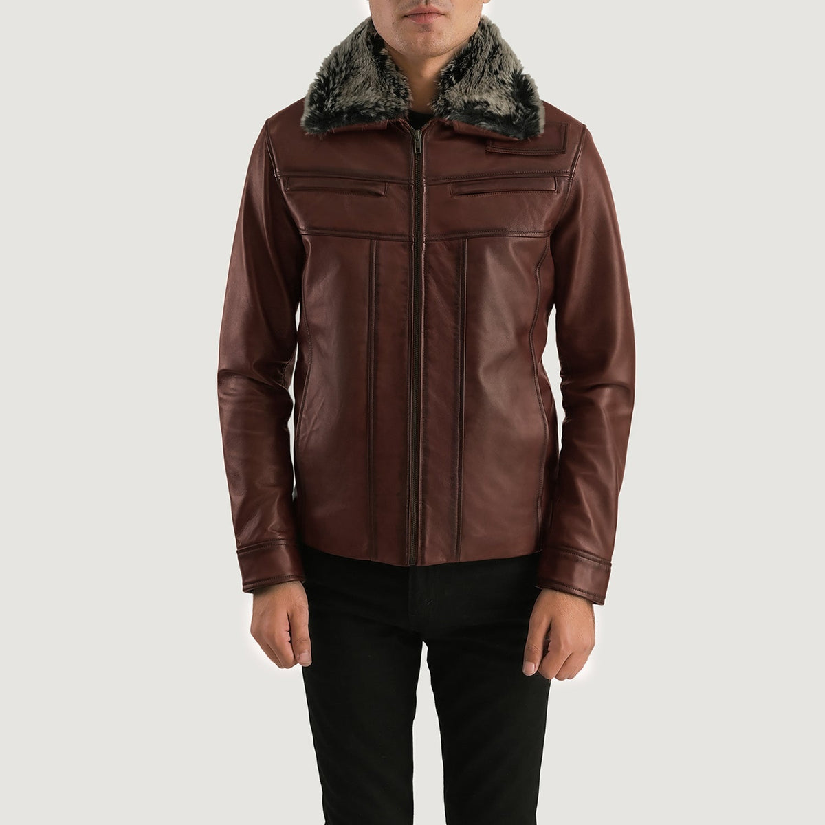 
Men's Evan Hart Fur Brown Leather Jacket in Distressed Brown Sheepskin Burnishing - Front Profile View & Tailored Silhouette | Buy Online