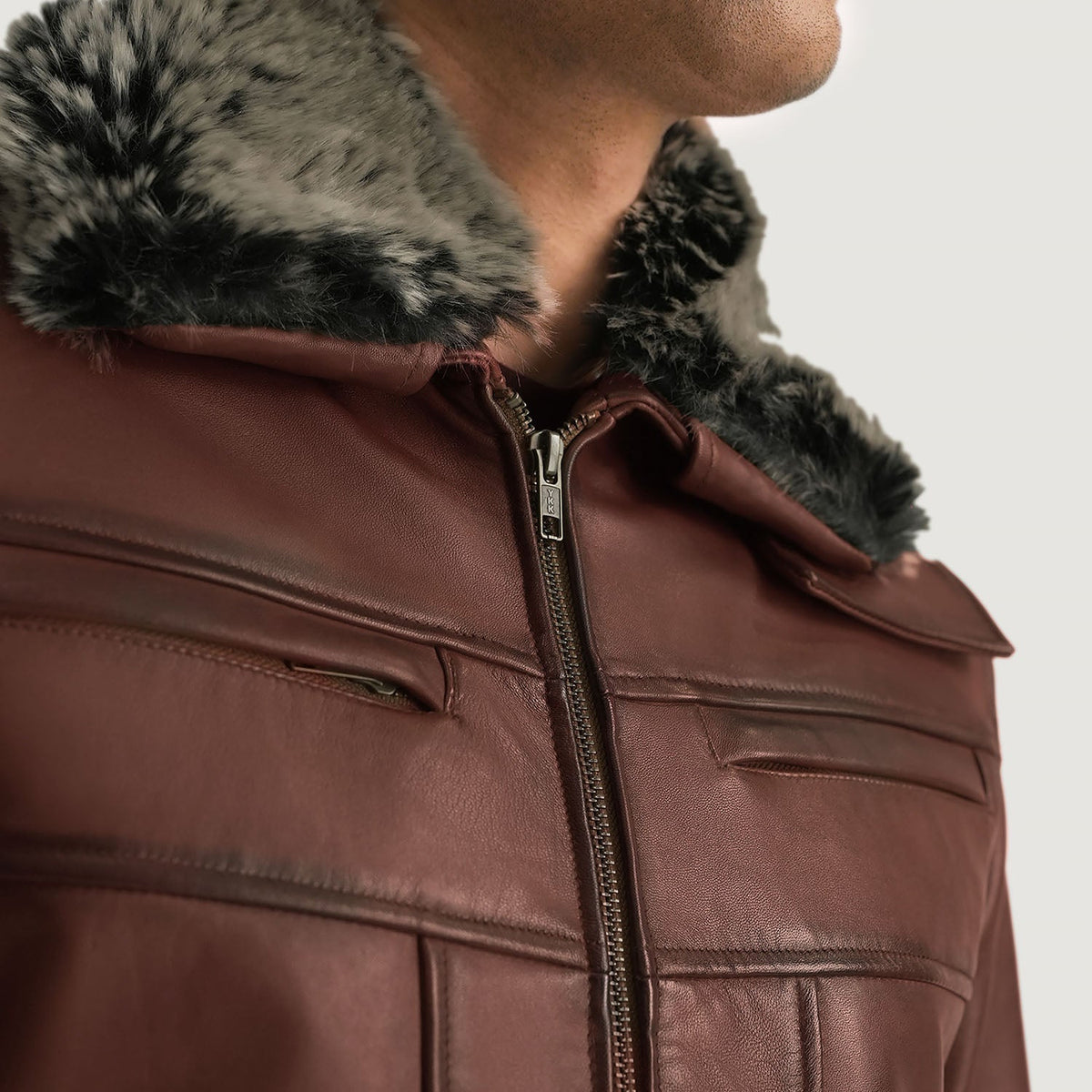 
Men's Evan Hart Fur Brown Leather Jacket - Lateral Side Profile View Showing Sleeve Cut & Athletic Taper Fit