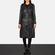 
Women's Fixon Hooded Black Trench Coat - Lateral Side Profile View Showing Sleeve Cut & Athletic Taper Fit
