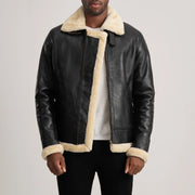 Men's Francis B-3 Black Leather Bomber Jacket in Black Sheepskin Leather - Front Profile View &amp; Tailored Silhouette | Buy Online