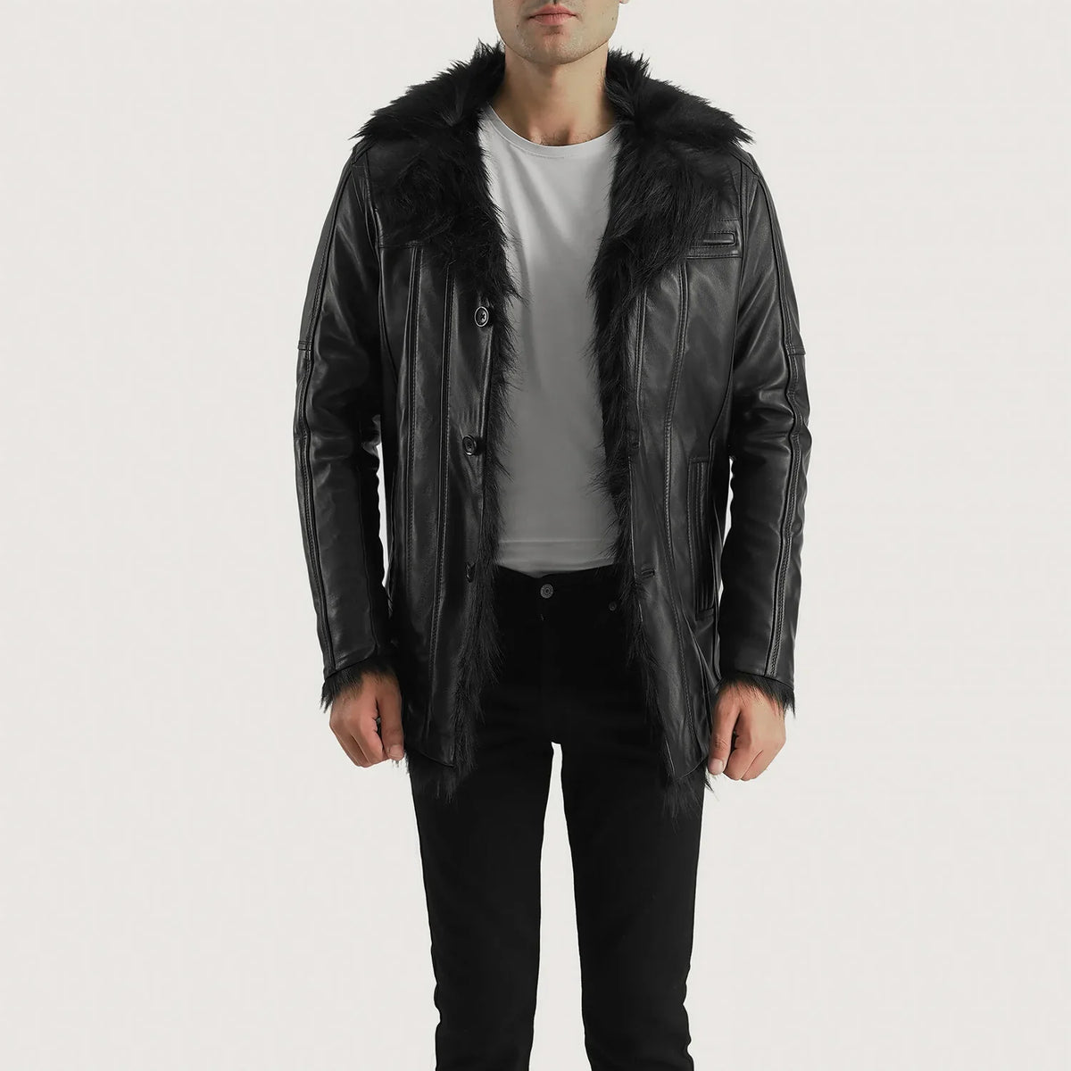 
Men's Furcliff Black Leather Coat - Lateral Side Profile View Showing Sleeve Cut & Athletic Taper Fit