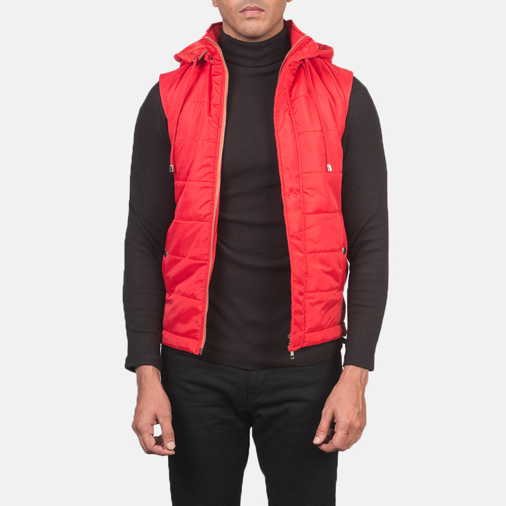 
Men's Fuston Red Hooded Puffer Vest in Red Nylon - Front Profile View & Tailored Silhouette | Buy Online