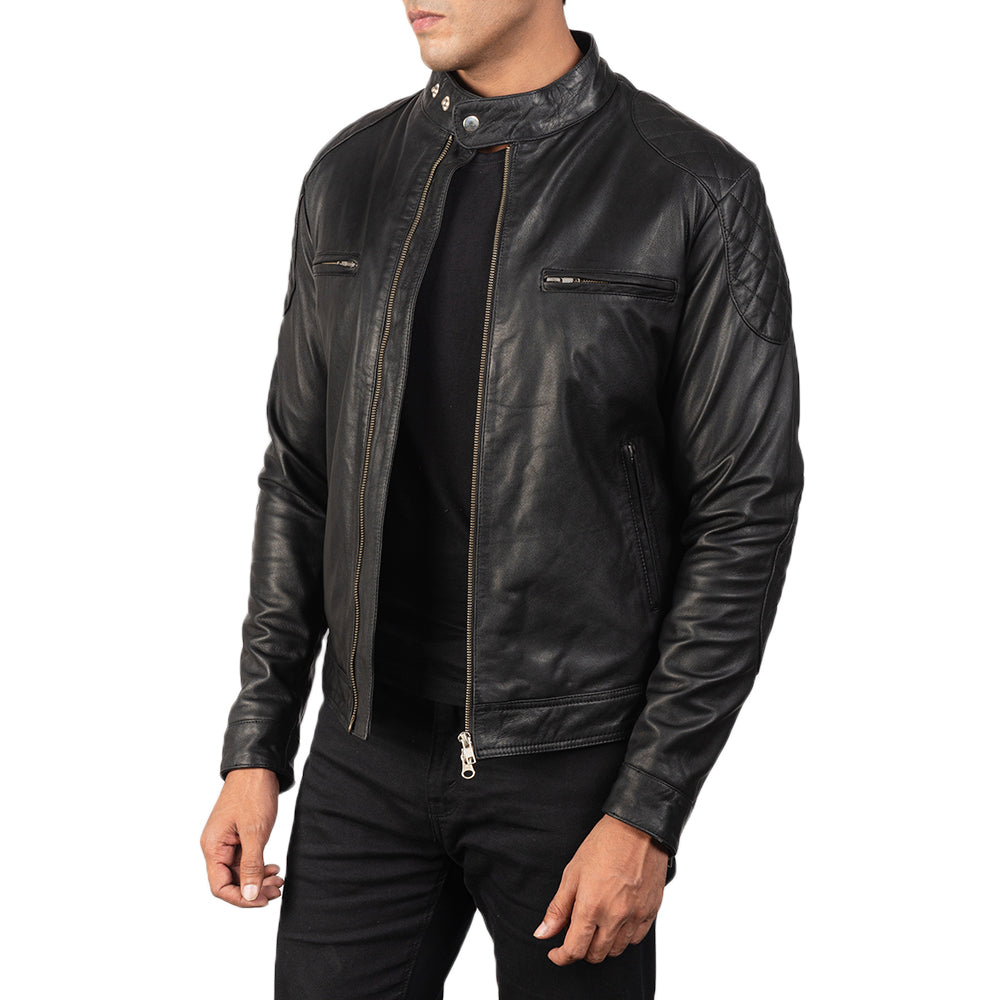Black Goatskin Leather Biker Jacket - Back View Showing Tailored Shoulder Fit &amp; Clean Hemline