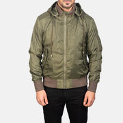 
Close-Up Detail of Knit Rib with Removable Nylon Hood & Zipper Hardware on Men's Hanklin Ma-1 Green Hooded Bomber Jacket