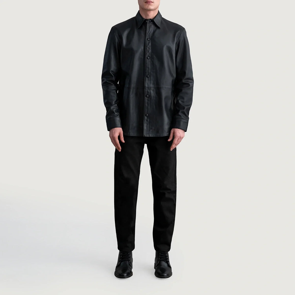 
Close-Up Detail of Shirt & Leather Buttons Hardware on Haven Black Leather Shirt