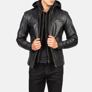 Close-Up Detail of Band with Snap Button &amp; Zipper Hardware on Men's Hector Black Hooded Leather Biker Jacket