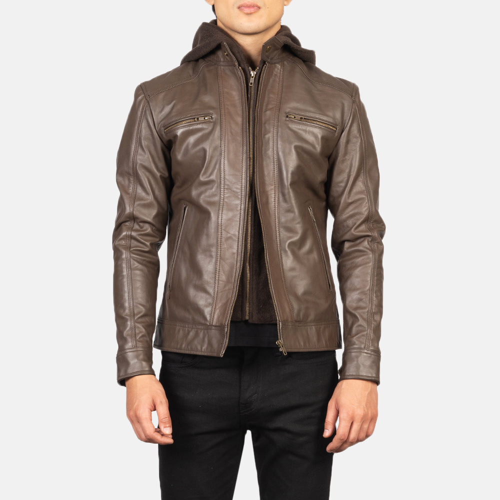 Men's Hector Brown Hooded Leather Biker Jacket in Brown Cowhide Leather - Front Profile View &amp; Tailored Silhouette | Buy Online
