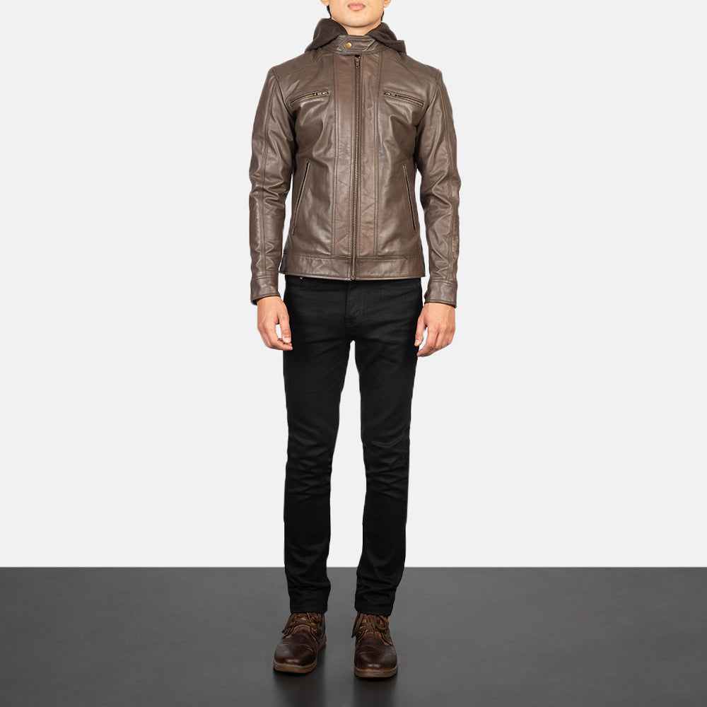 Men's Hector Brown Hooded Leather Biker Jacket - Lateral Side Profile View Showing Sleeve Cut &amp; Athletic Taper Fit