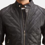 
Close-Up Detail of Band with Snap Button & Zipper Hardware on Henry Quilted Black Leather Jacket
