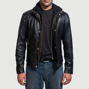 Men's Highschool Black Leather Jacket in Black Cowhide Leather - Front Profile View &amp; Tailored Silhouette | Buy Online