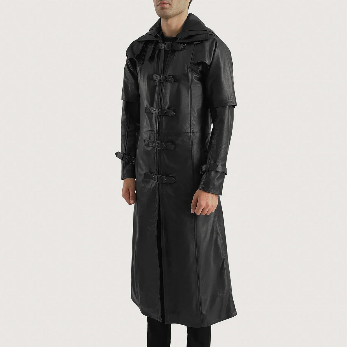 
Black. Cowhide Leather Trench Coat - Back View Showing Tailored Shoulder Fit & Clean Hemline