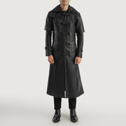 
Huntsman Black Hooded Leather Trench Coat - Lateral Side Profile View Showing Sleeve Cut & Athletic Taper Fit