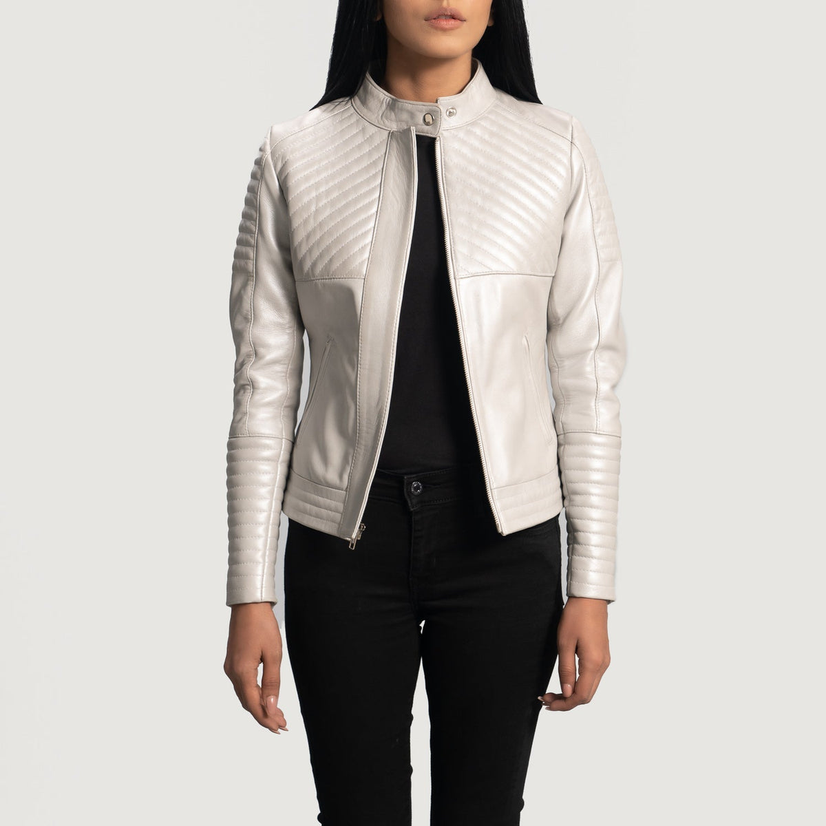 
Women's Ice Maiden Silver Quilted Leather Biker Jacket - Lateral Side Profile View Showing Sleeve Cut & Athletic Taper Fit
