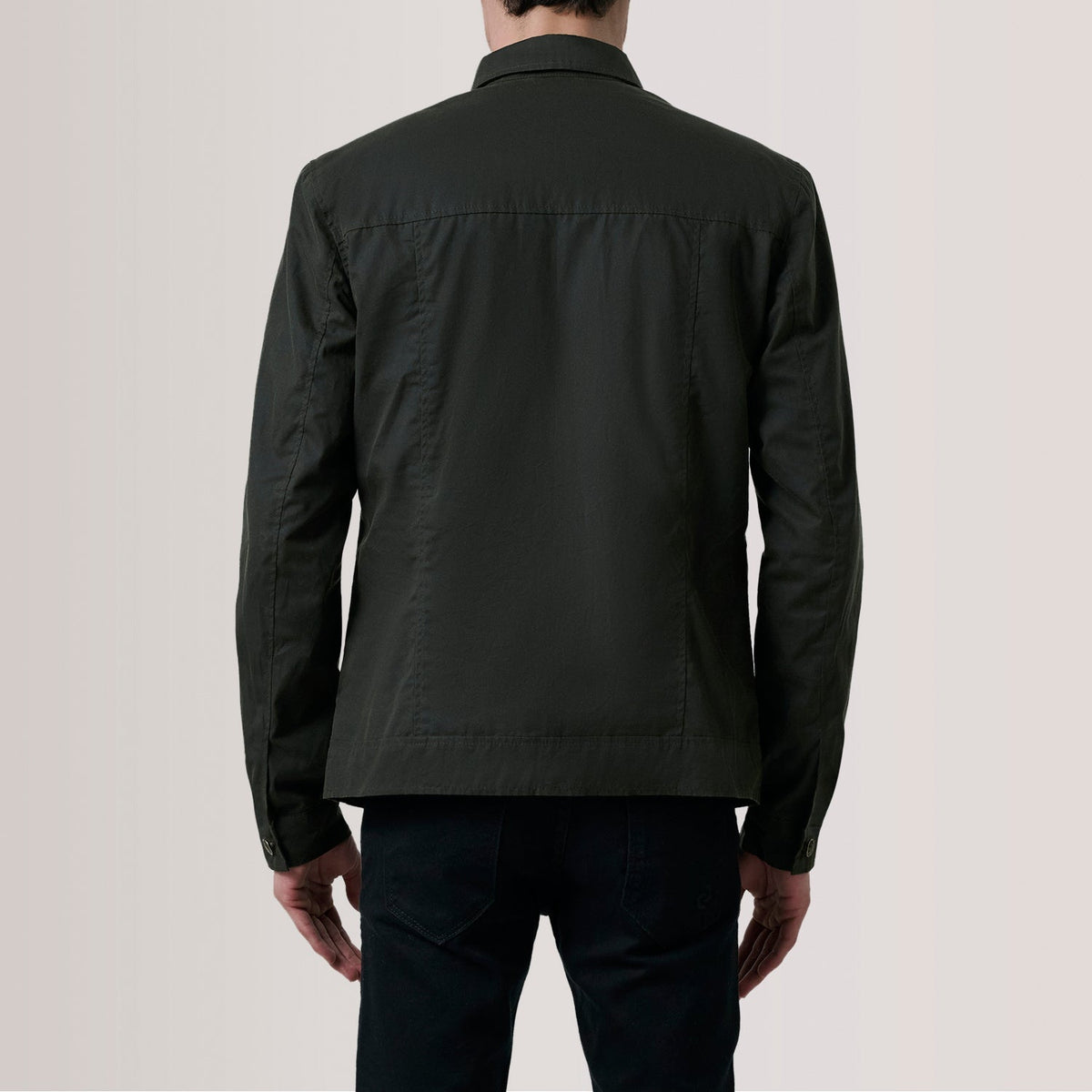 Close-Up Detail of Classic Collar &amp; Button Hardware on Irwin Olive Waxed Canvas Field Jacket For Men
