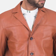 Close-Up Detail of Notch & Button Hardware on James Tan Brown Leather Blazer