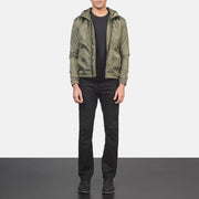 
Men's Jimmy Green Hooded Windbreaker Jacket - Lateral Side Profile View Showing Sleeve Cut & Athletic Taper Fit