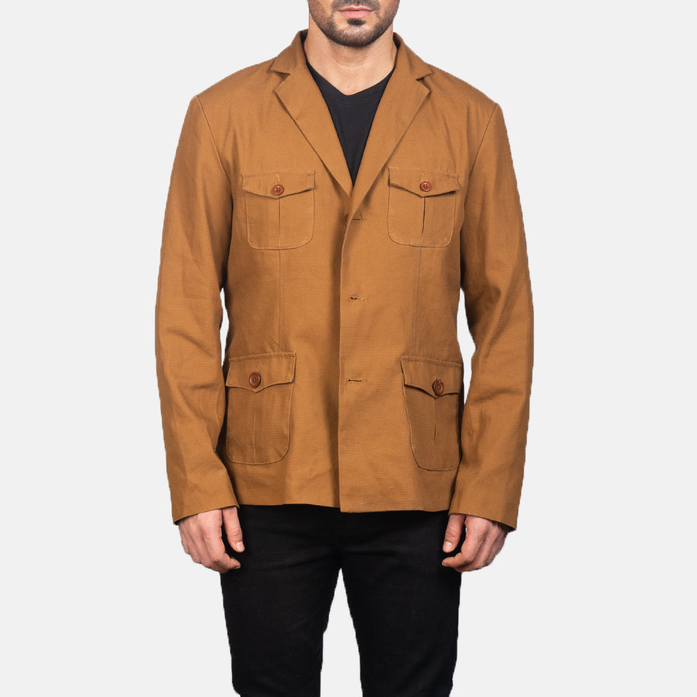 
Kajetan Khaki Safari Jacket in Khaki Poly-Cotton - Front Profile View & Tailored Silhouette | Buy Online