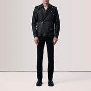 
Distressed Black Sheepskin Snuffed Biker Jacket - Back View Showing Tailored Shoulder Fit & Clean Hemline