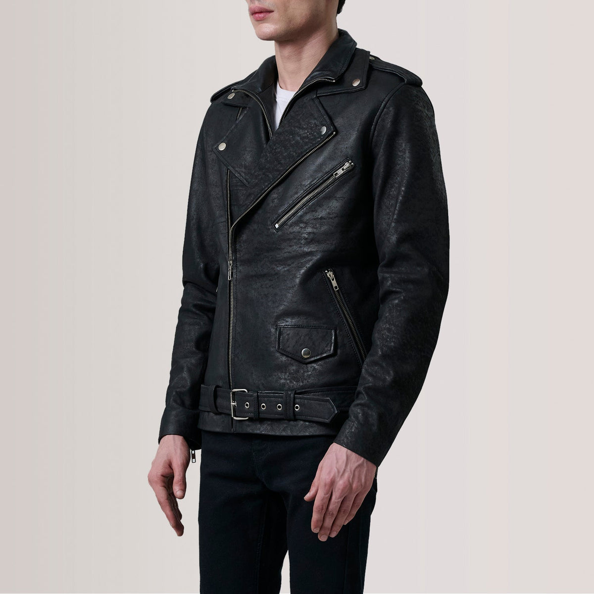 
Kole Distressed Black Leather Double Rider Jacket - Lateral Side Profile View Showing Sleeve Cut & Athletic Taper Fit