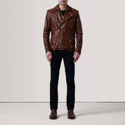 
Distressed Brown Sheepskin Burnished Biker Jacket - Back View Showing Tailored Shoulder Fit & Clean Hemline