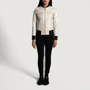 Close-Up Detail of Varsity &amp; Zipper Hardware on Women's Lana Silver Leather Bomber Jacket