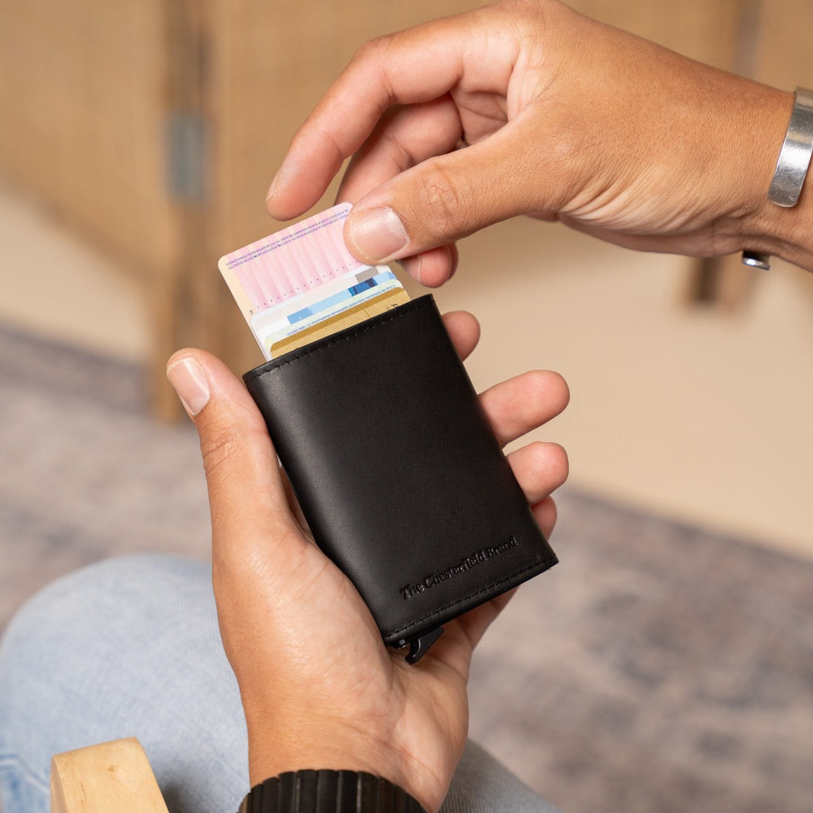 
Classic 100% Full-Grain Leather Card Holder - Rear Perspective Showing Reinforced Leather Straps & Stitching